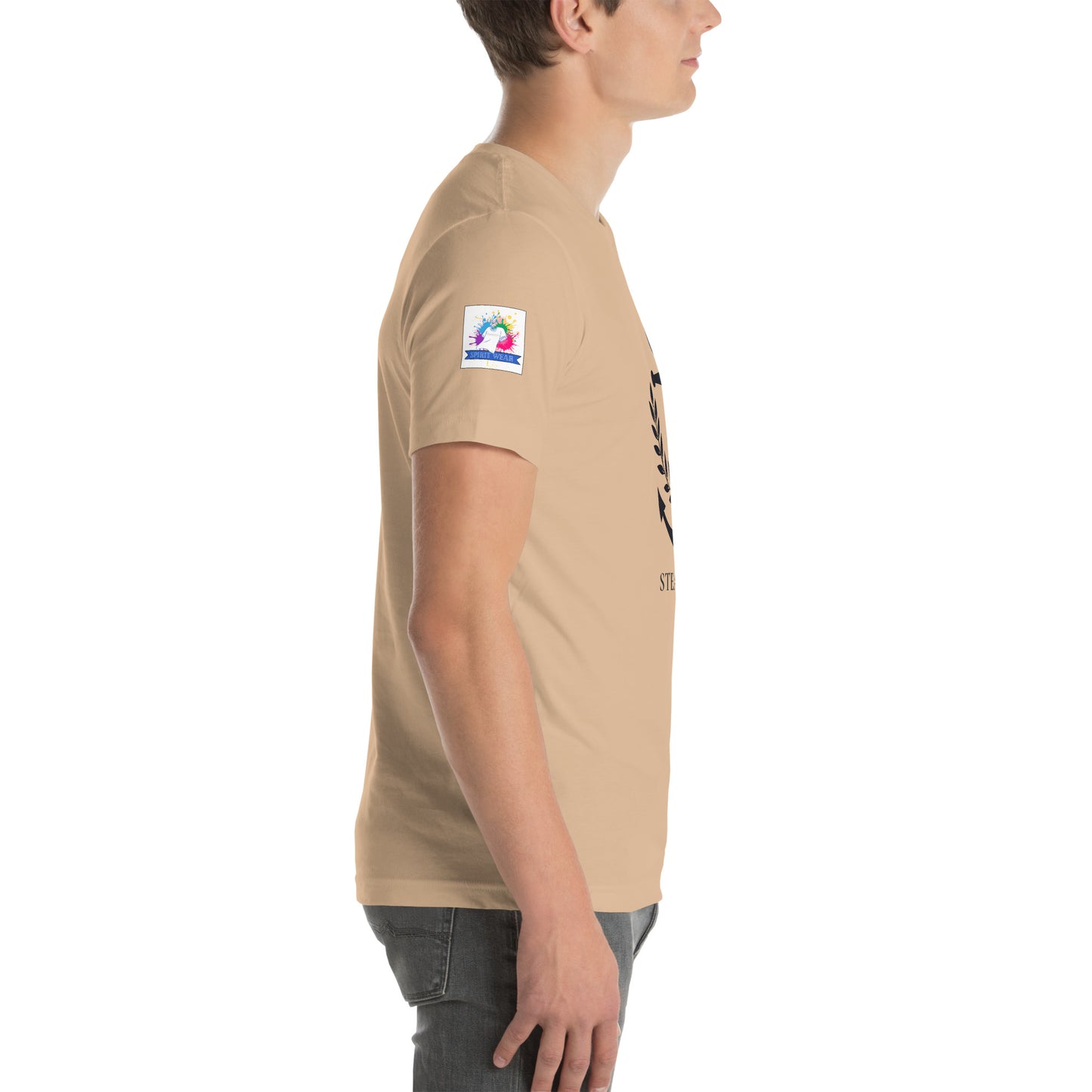 Side view of tan Spirit Wear Christian anchor shirt for men and women worn by male model with sleeve patch