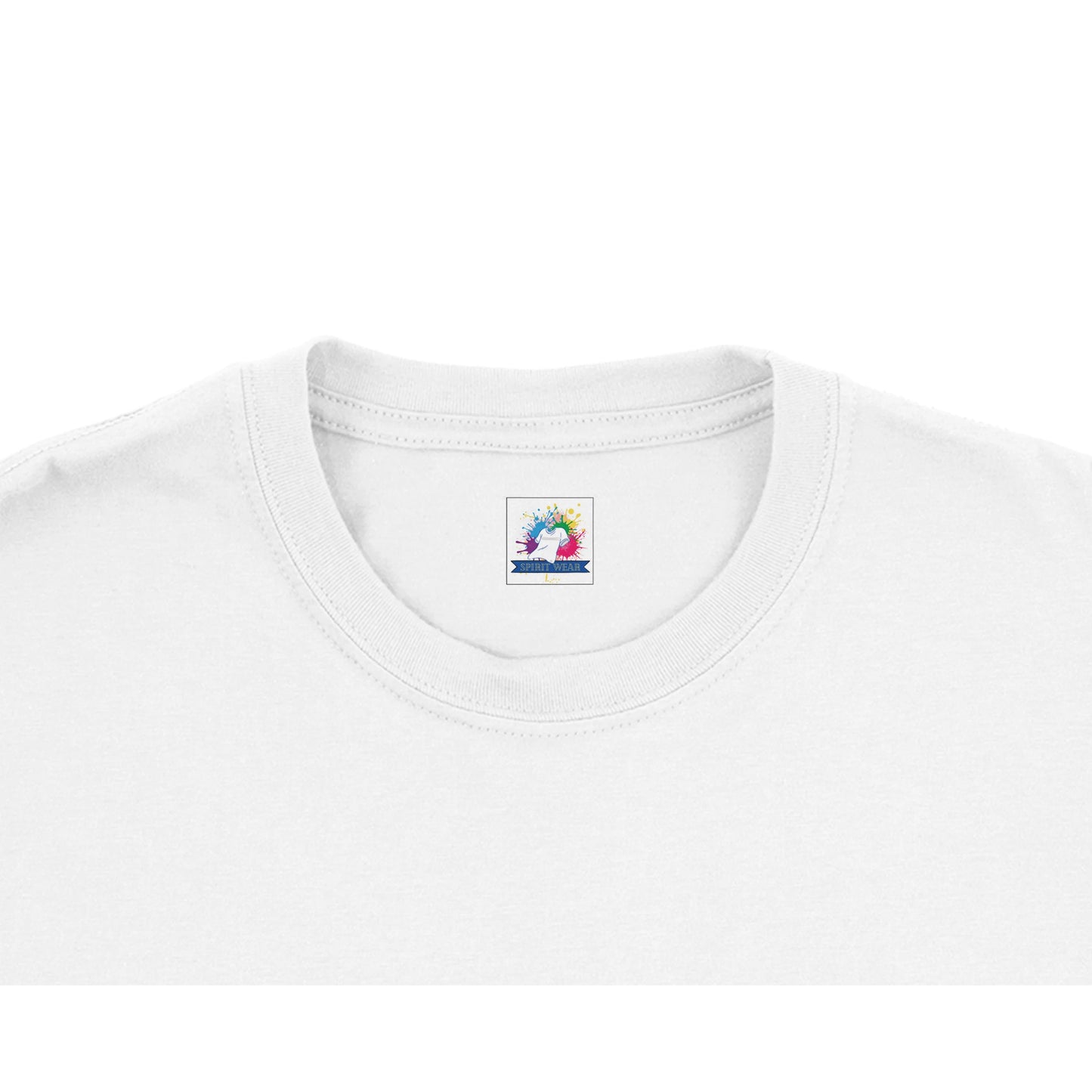 Spirit Wear white crew neck t shirt close up showing collar stitching and colorful label Christian inspirational apparel