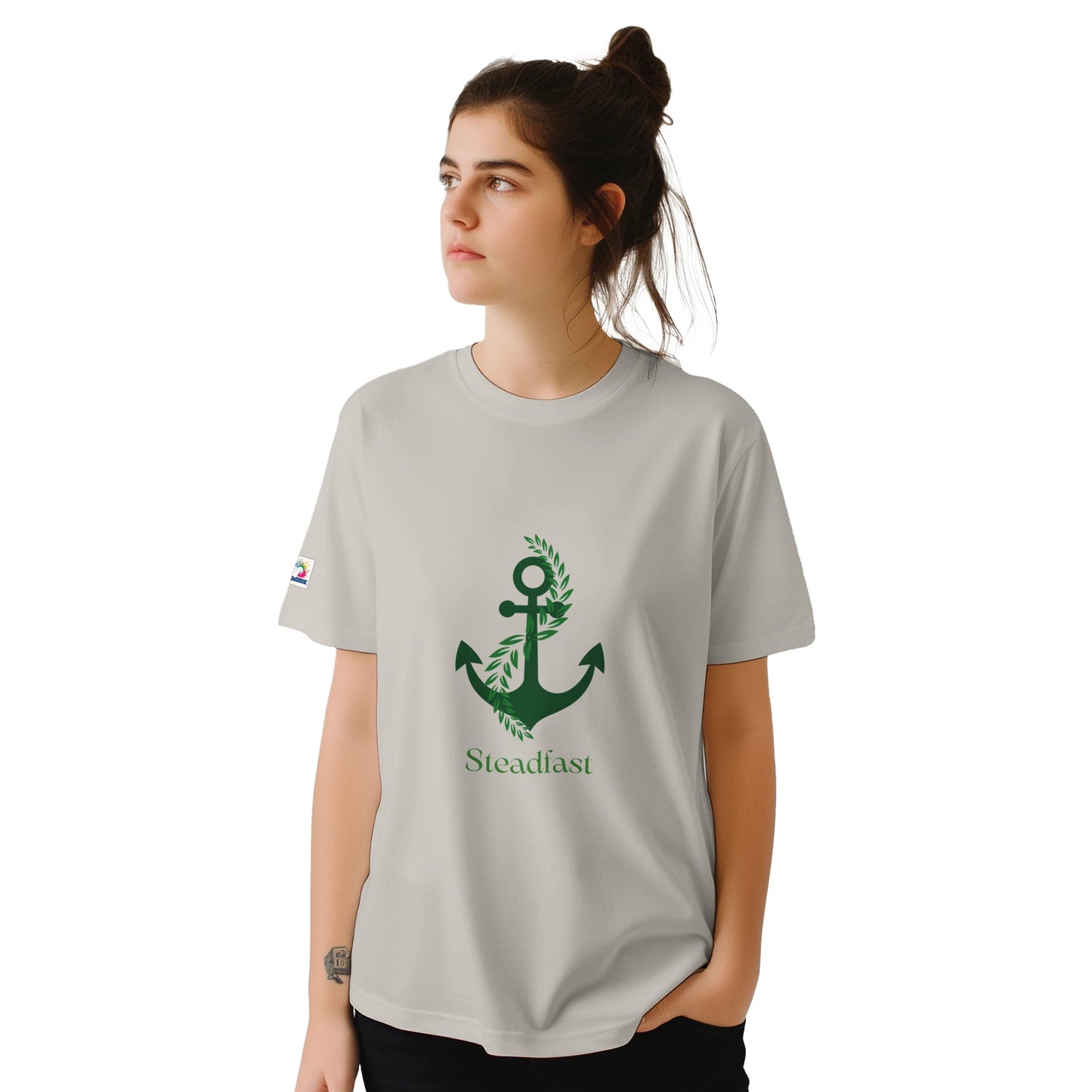 Spirit Wear gray t shirt with green anchor Steadfast print on female model promoting Christian inspirational apparel