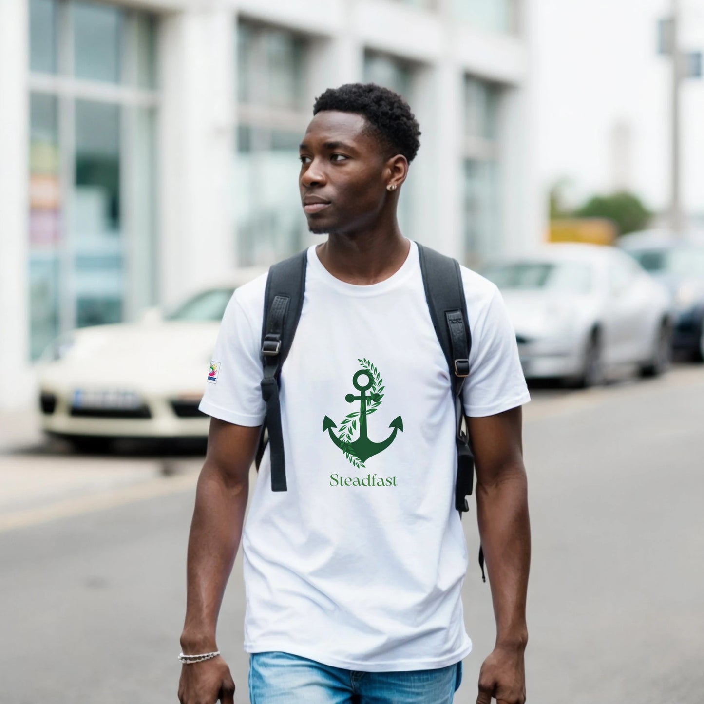 Young man walking in Spirit Wear white T shirt with green anchor Steadfast print Christian inspirational apparel