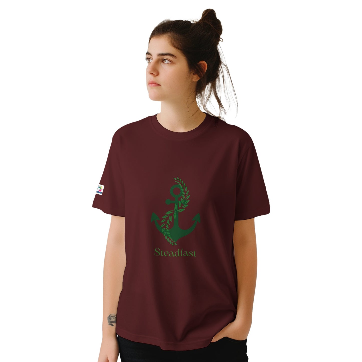 Maroon Steadfast anchor t shirt mockup on model showcasing Christian inspirational apparel design