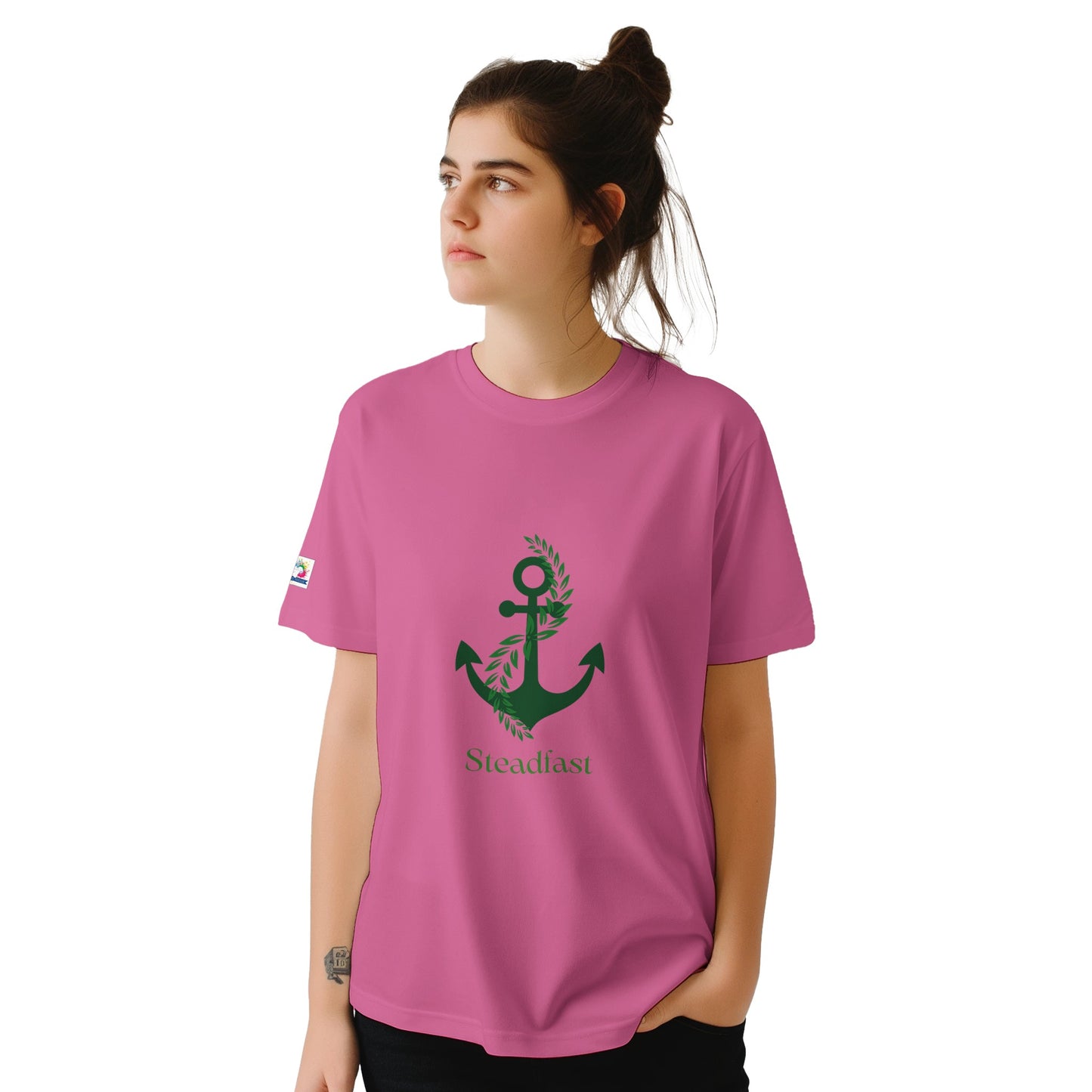 Spirit Wear pink t shirt with green anchor Steadfast print worn by woman model Christian inspirational apparel