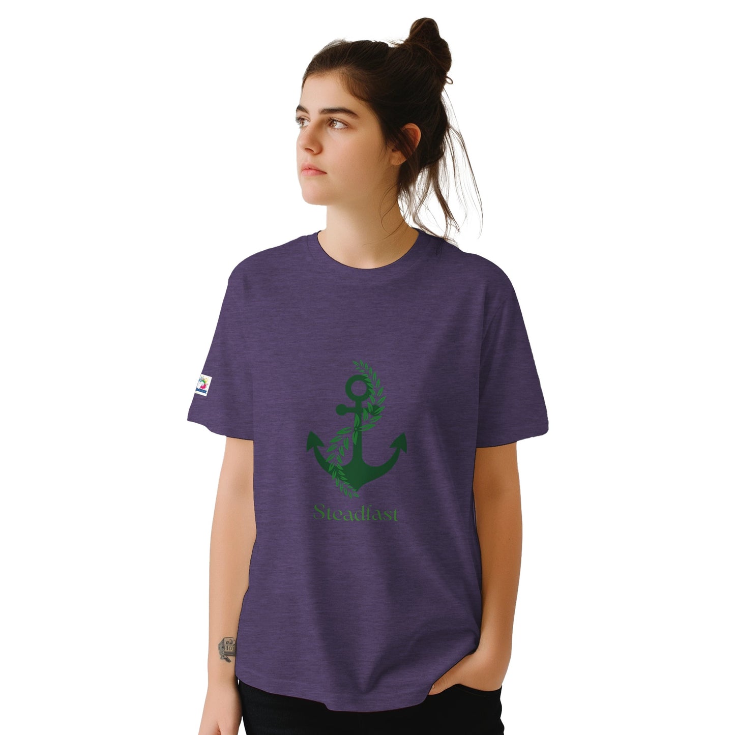 Spirit Wear purple anchor tee with Steadfast print on model showcasing Christian inspirational apparel