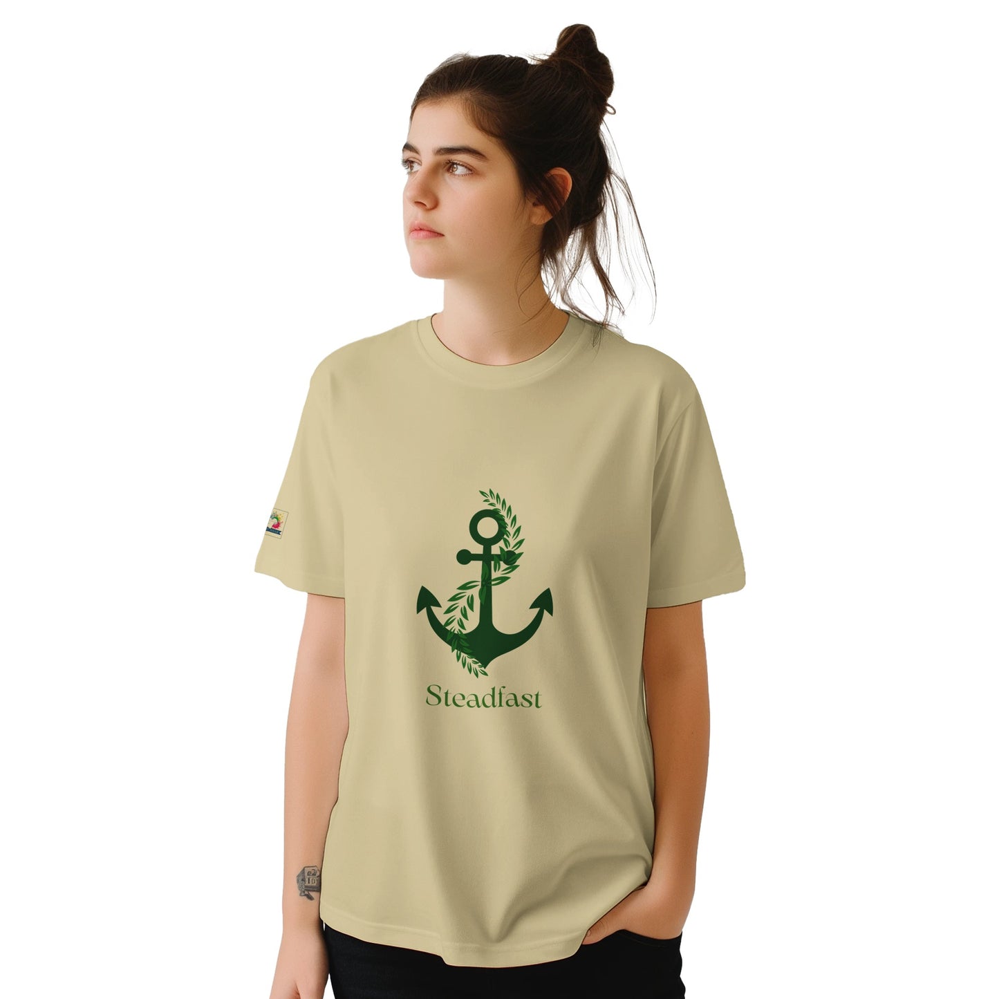 Spirit Wear print material showing beige tee with green anchor graphic and Steadfast text for Christian inspirational apparel