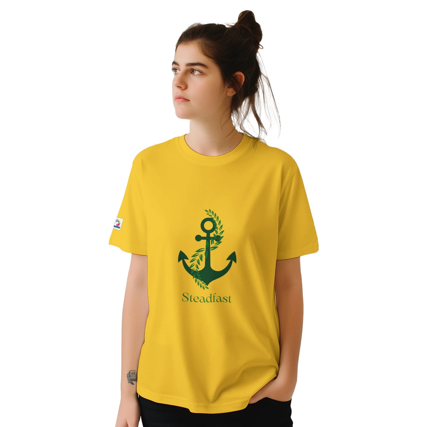 Spirit Wear yellow t shirt with green anchor print and Steadfast text for Christian inspirational apparel
