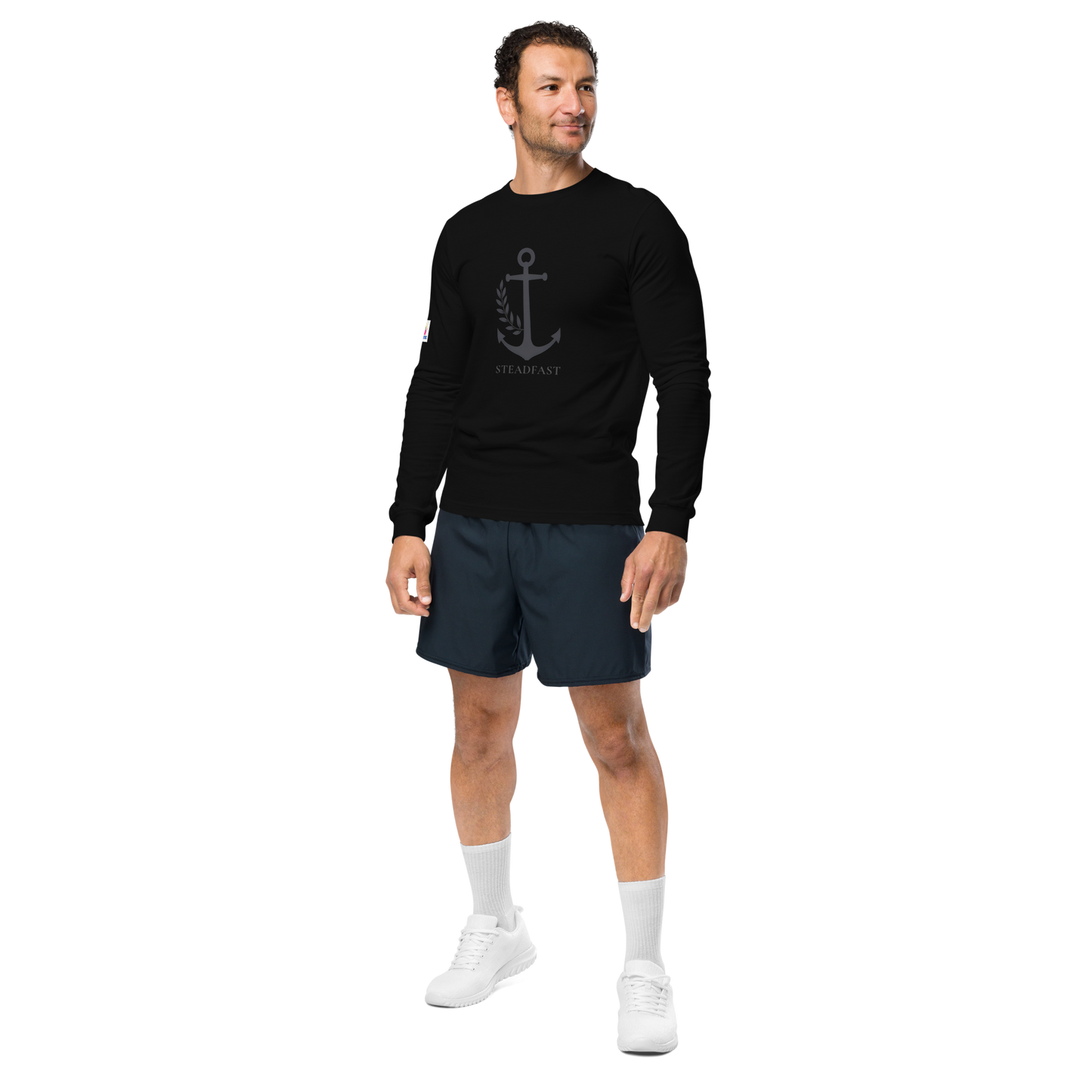 Spirit Wear inspirational long sleeve t-shirt black anchor design on male model with shorts