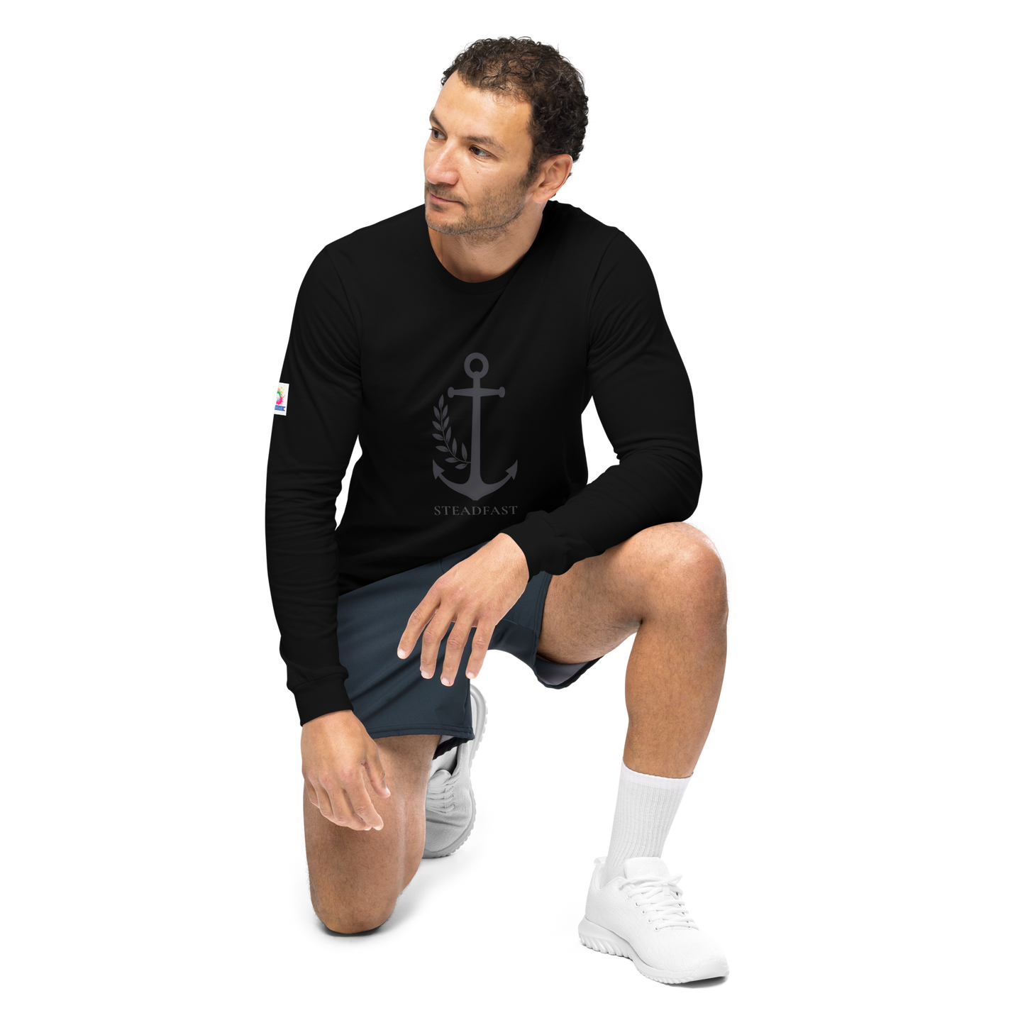 Spirit Wear model wearing inspirational long sleeve t-shirt black with anchor logo kneeling