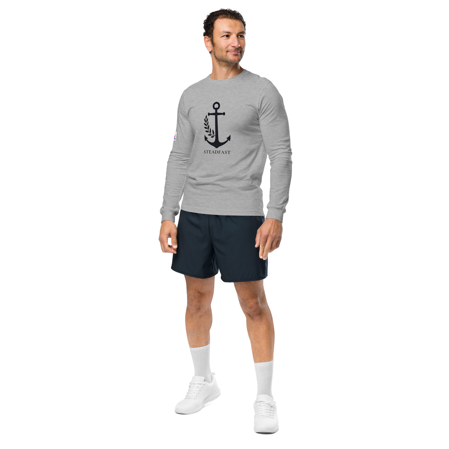 Spirit Wear inspirational long sleeve t-shirt gray with anchor Steadfast print modeled by man