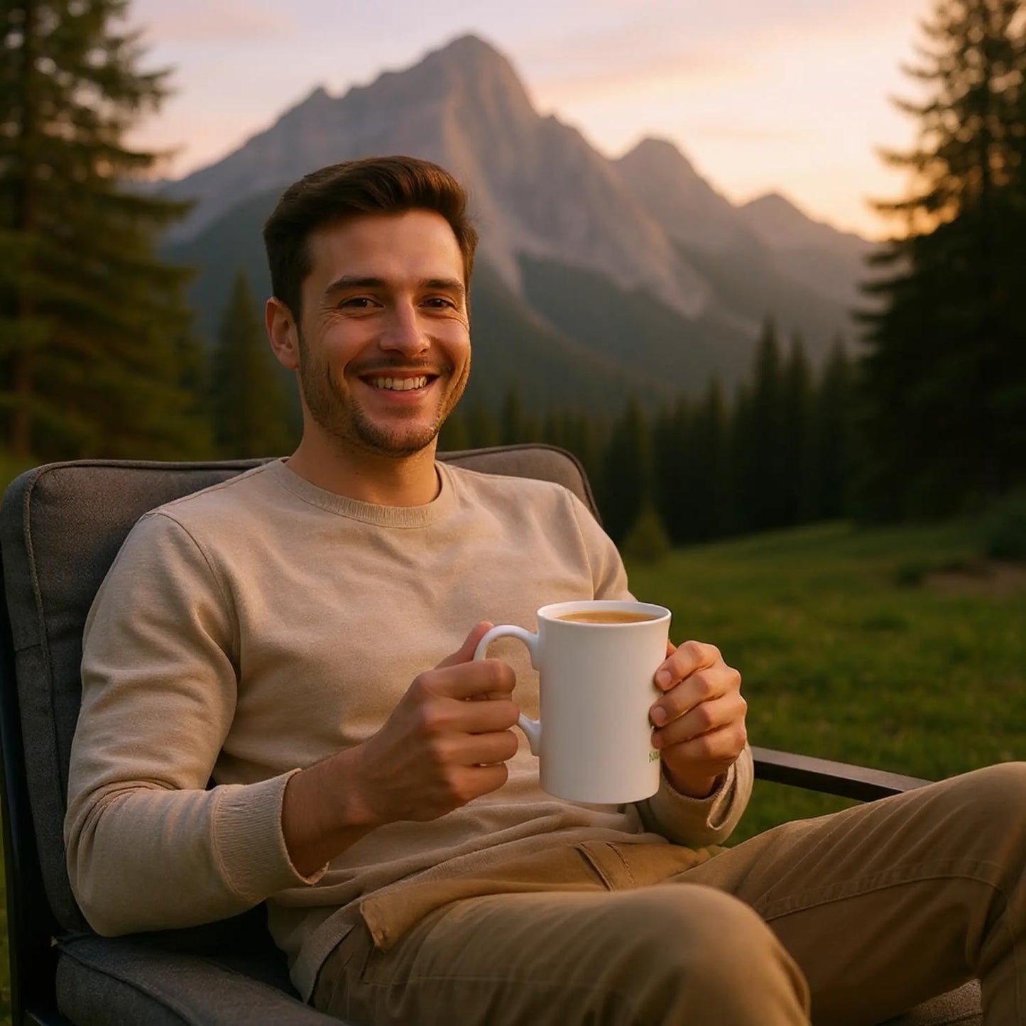 Spirit Wear white inspirational slim mug held by smiling man in chair with mountain sunrise backdrop outdoors