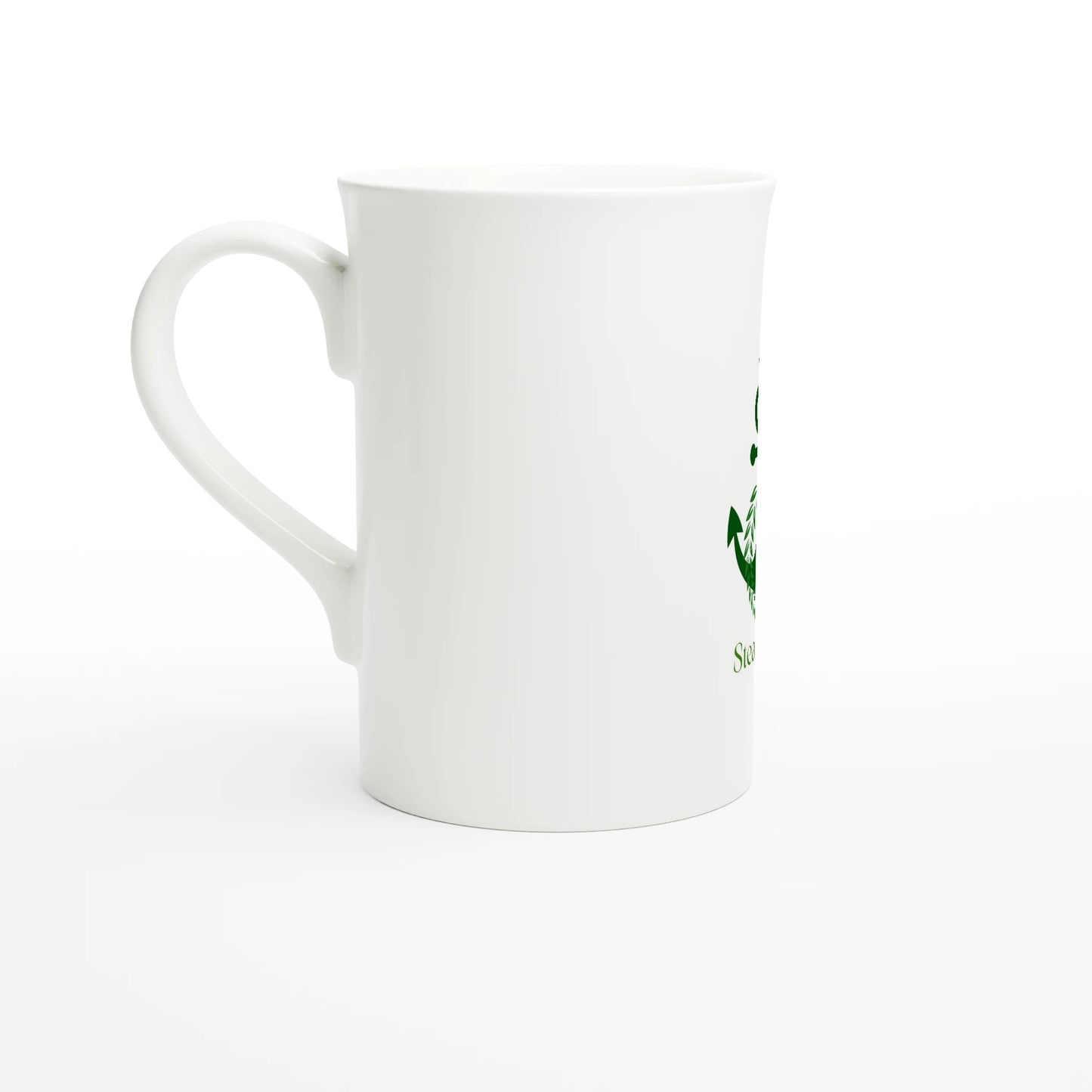 Spirit Wear white ceramic inspirational slim mug with curved handle and partial green logo print tall narrow design