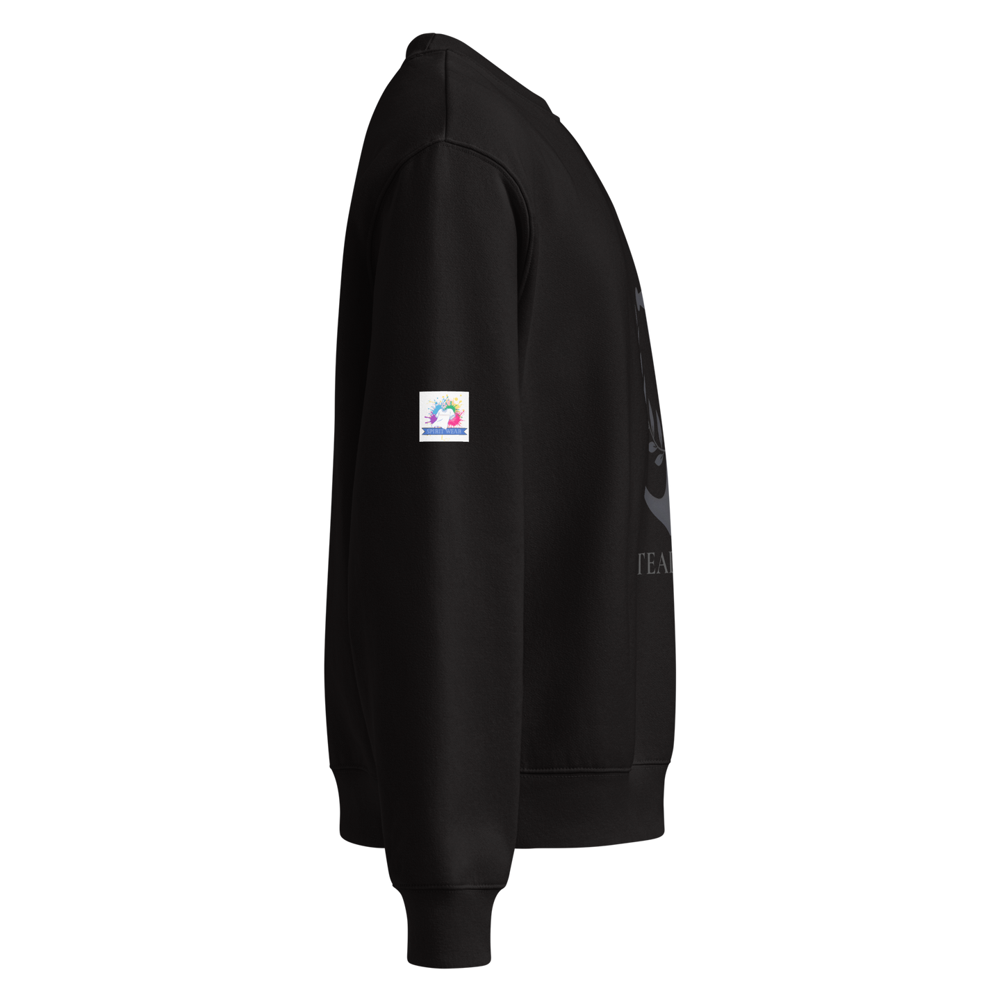 Black side view oversized anchor heavyweight Christian sweatshirt by Spirit Wear showing crewneck sleeve and label