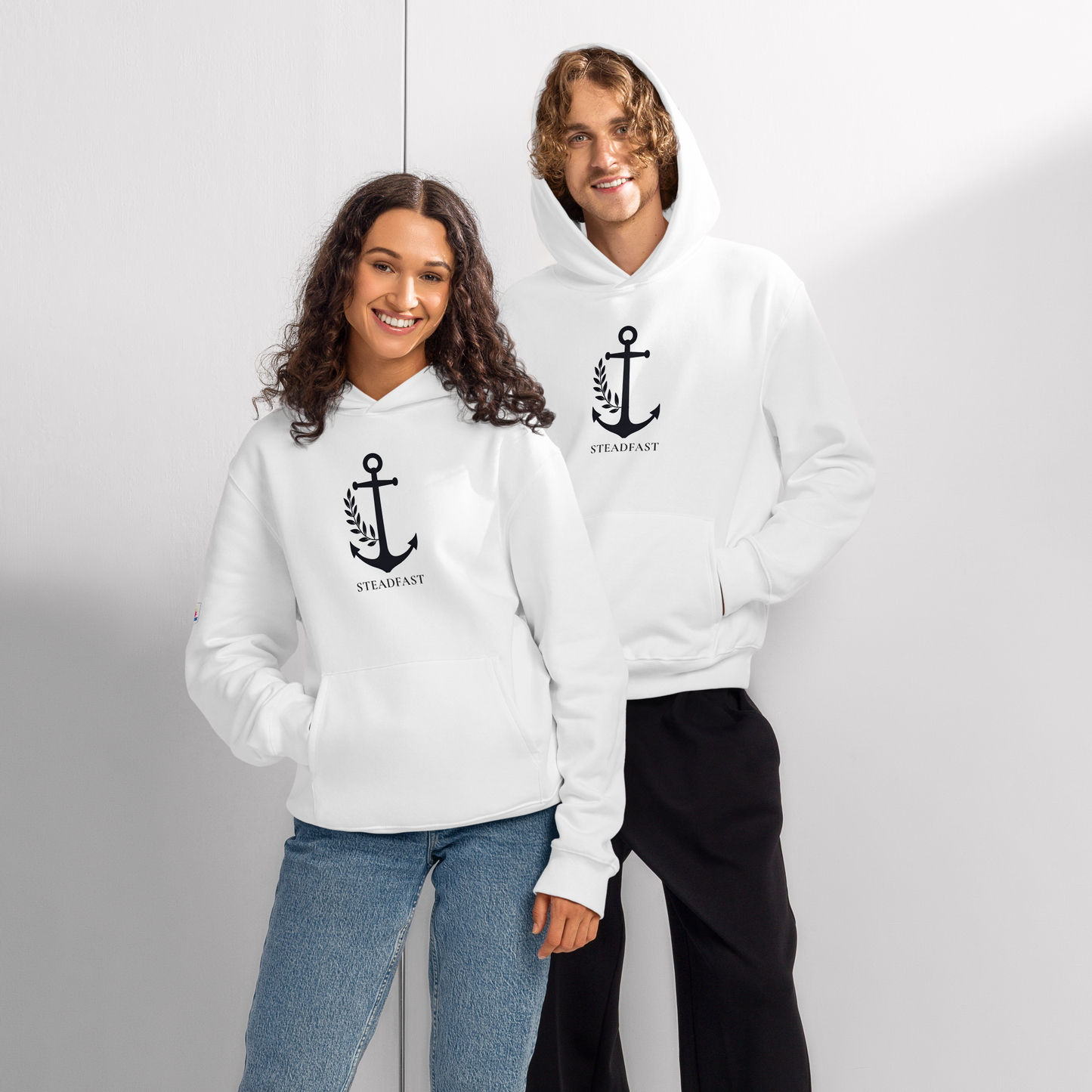 Spirit Wear oversized religious hoodie for adults white anchor laurel design with STEADFAST text worn by two models