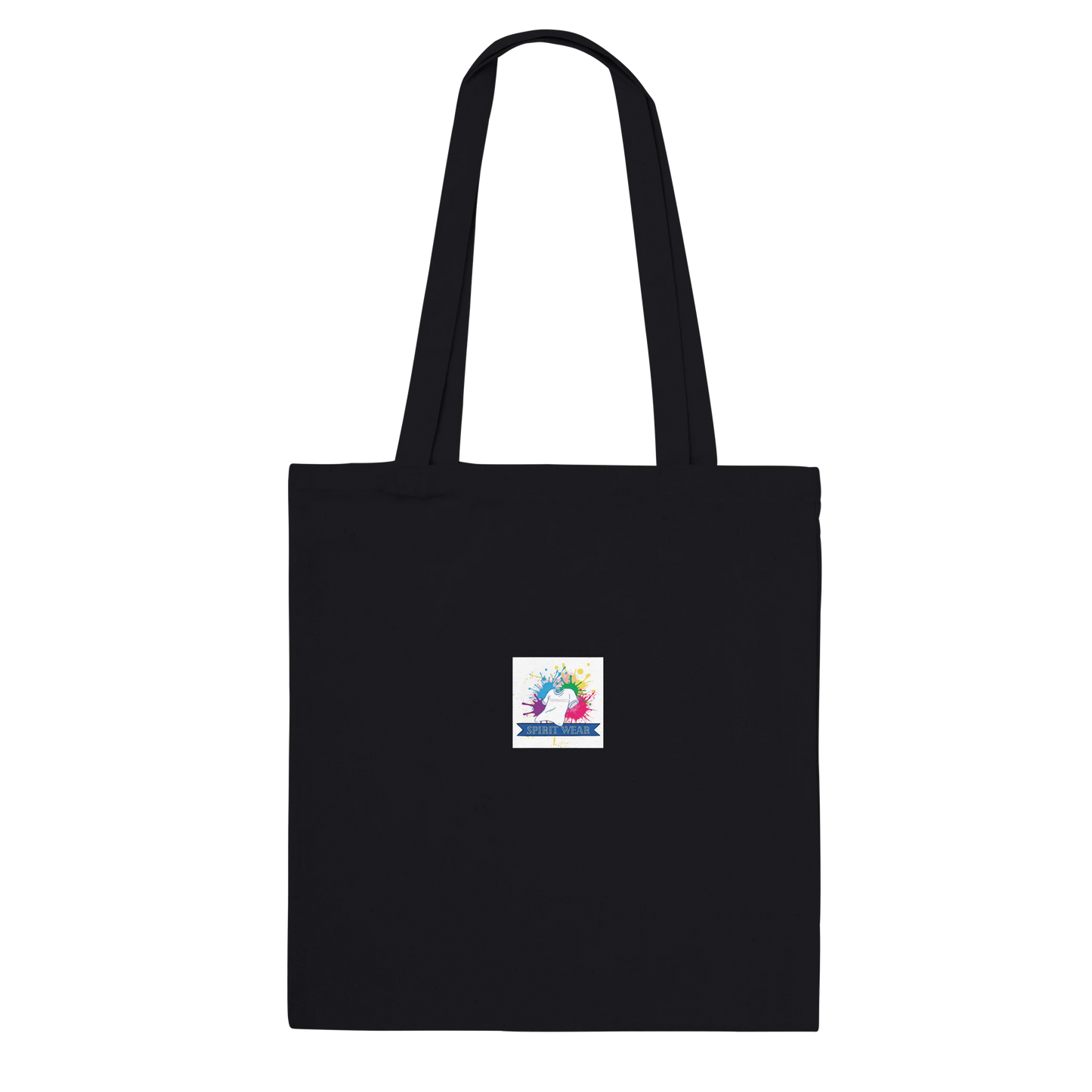 Black cotton Spirit Wear peace pack collection tote with long shoulder straps and small colorful center logo