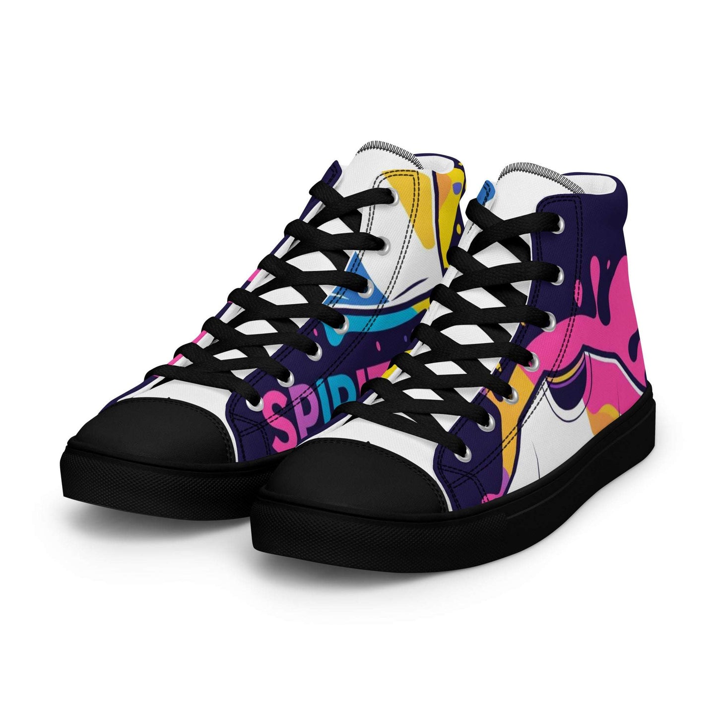 Spirit Wear women's Christian high top sneakers with colorful abstract design and black laces