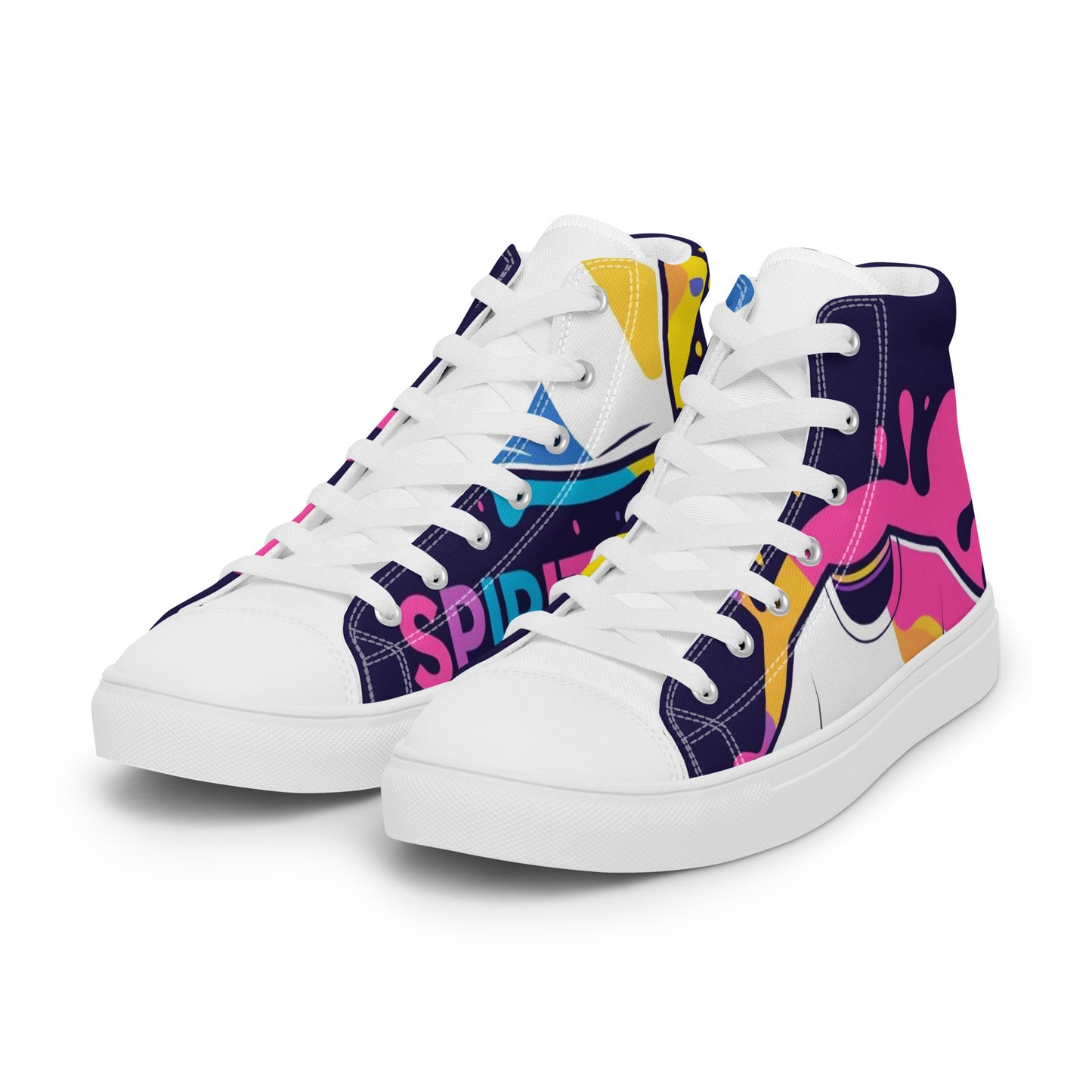 Spirit Wear women's Christian high top sneakers with colorful abstract design and white laces