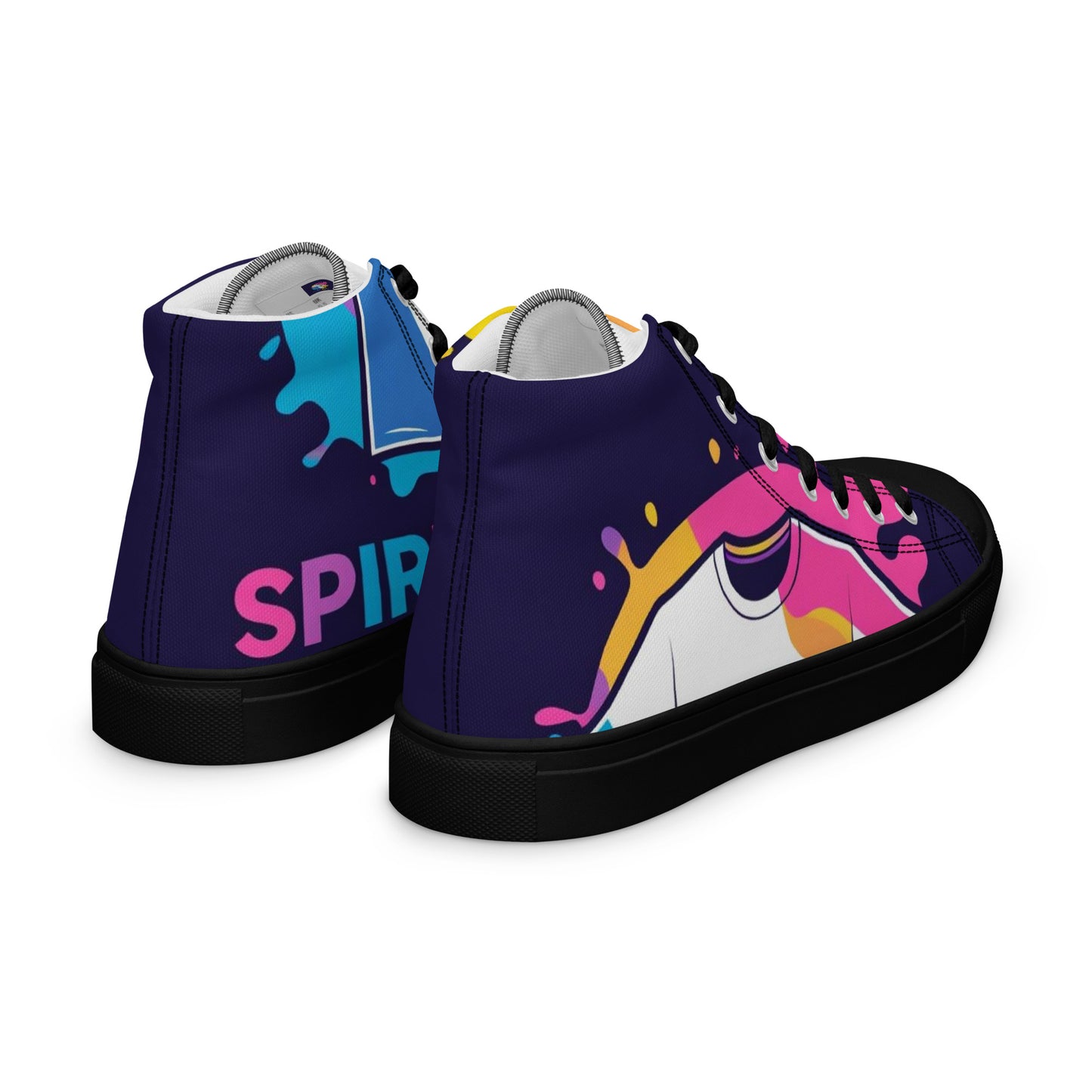 Spirit Wear women's Christian high top sneakers with colorful abstract design and black soles