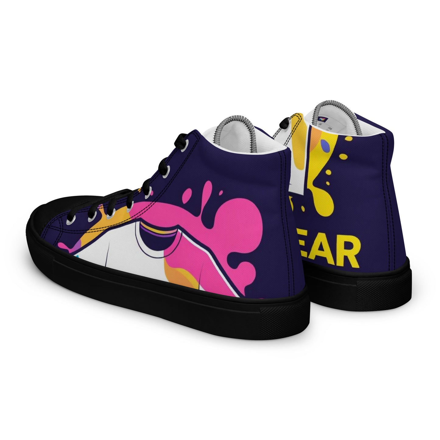 Spirit Wear women's Christian high top sneakers with colorful abstract design on purple background