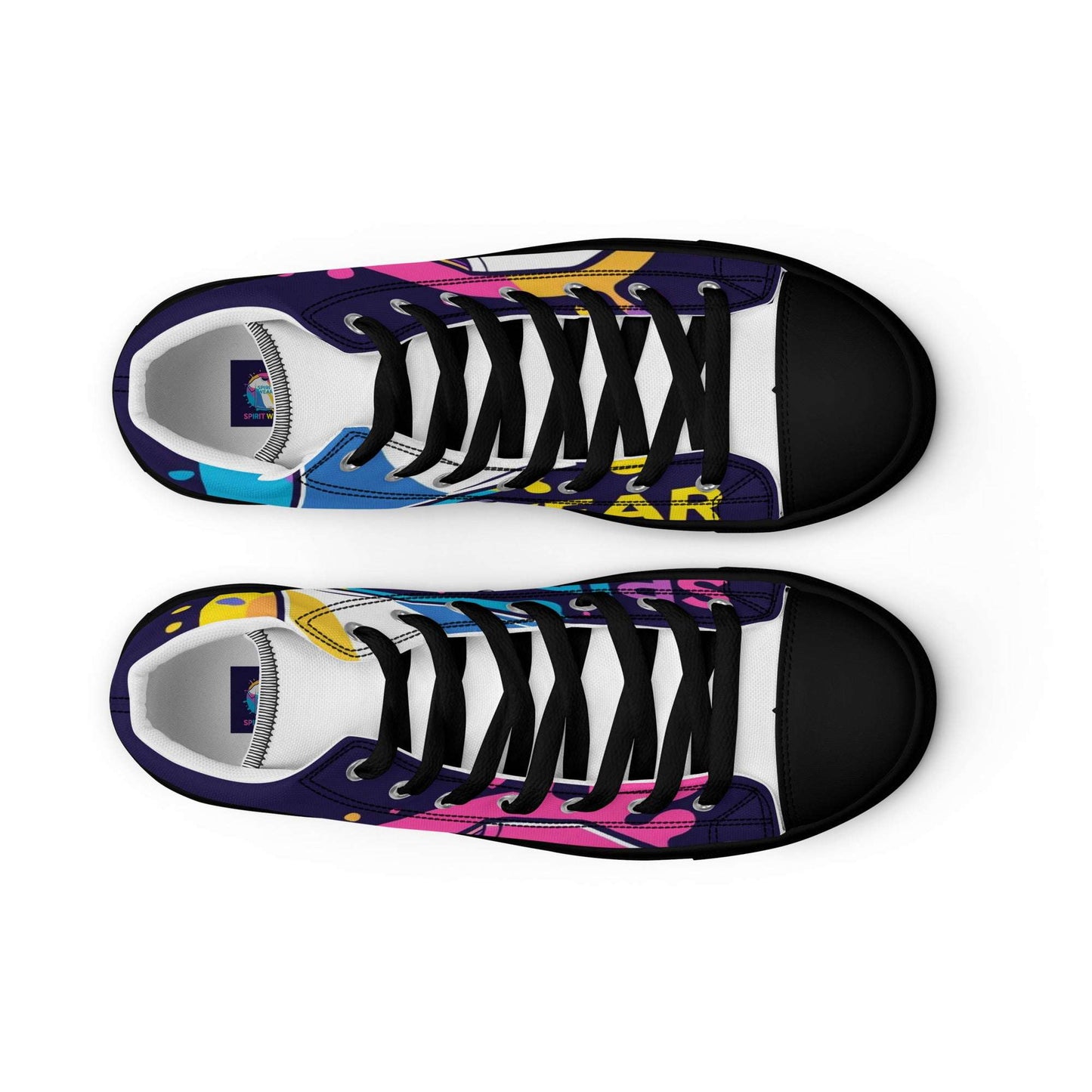 Spirit Wear women's Christian high top sneakers with colorful graffiti design and black toe caps
