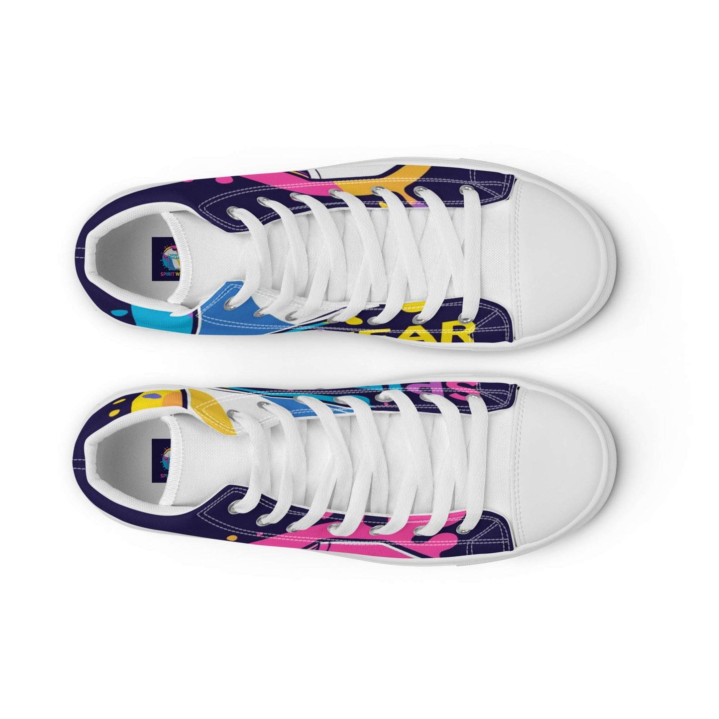 Spirit Wear women's Christian high top sneakers with colorful faith-inspired design and white laces