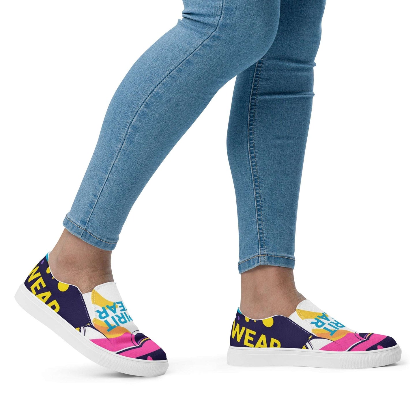 Spirit Wear women's slip-on canvas shoes with colorful graphic design and white soles