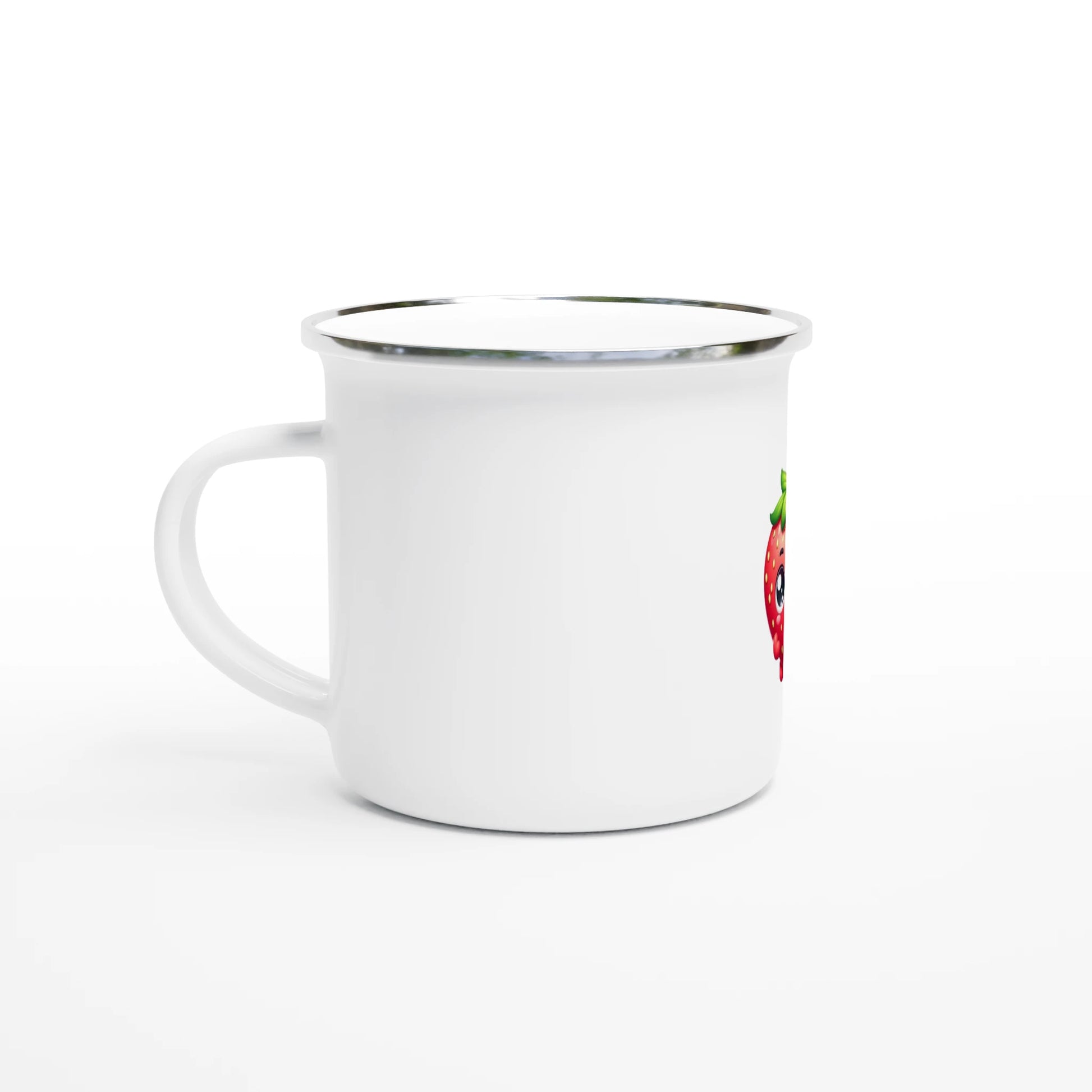White Christian enamel mug featuring a colorful strawberry design for everyday use