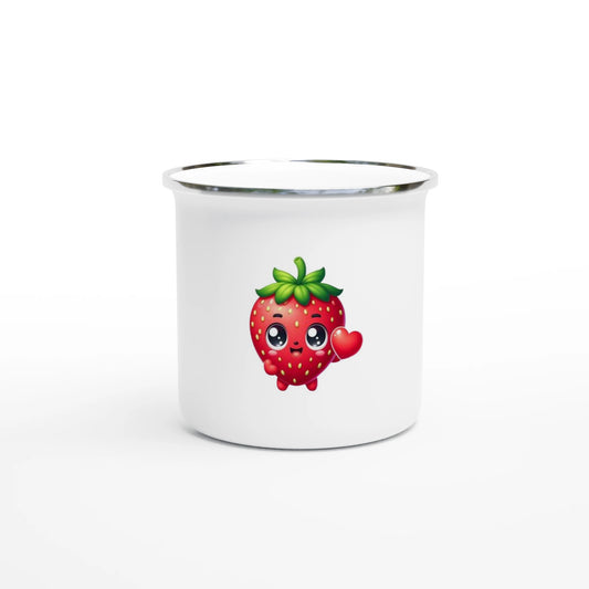 Cute Christian enamel mug featuring a happy strawberry character with a heart