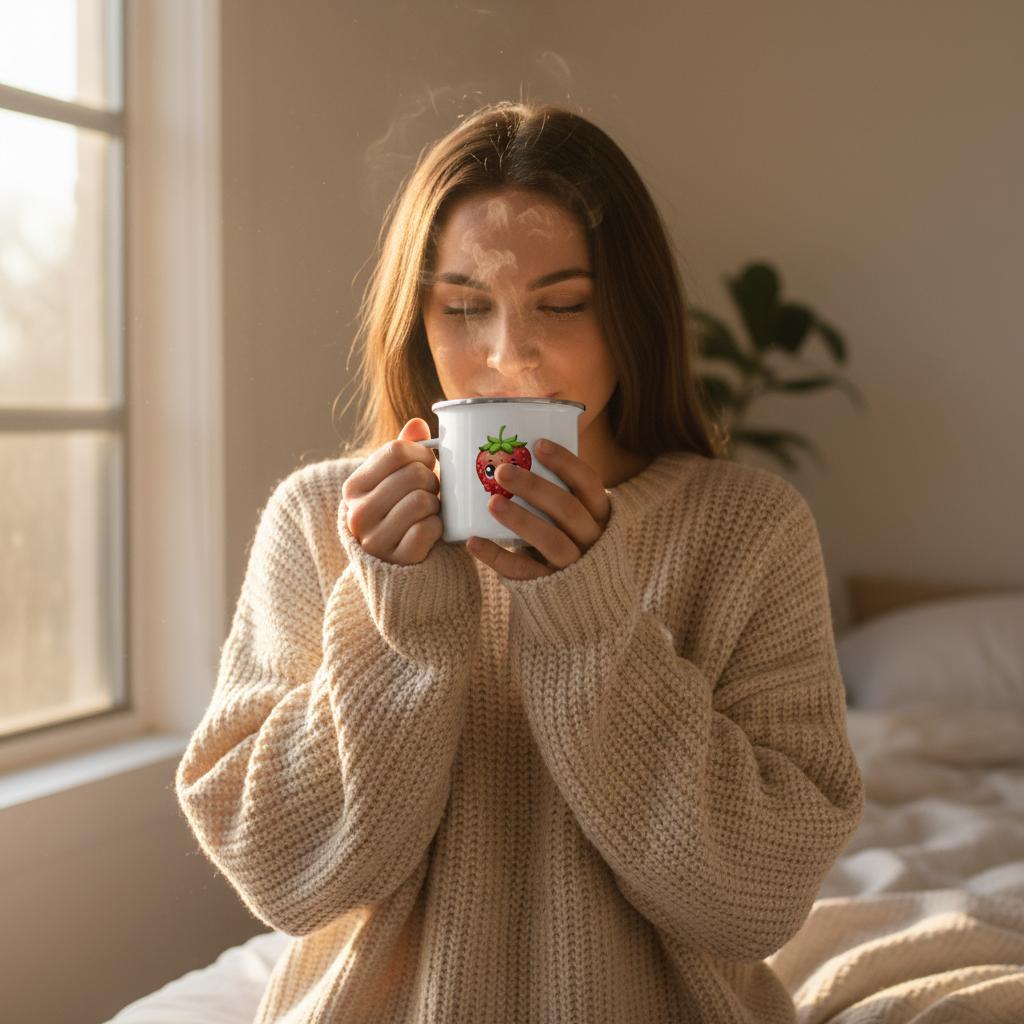 Cozy woman holding a Christian enamel mug with a strawberry design in a bright bedroom