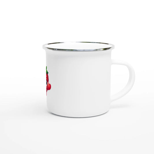 White Christian enamel mug with colorful fruit design for a stylish beverage experience