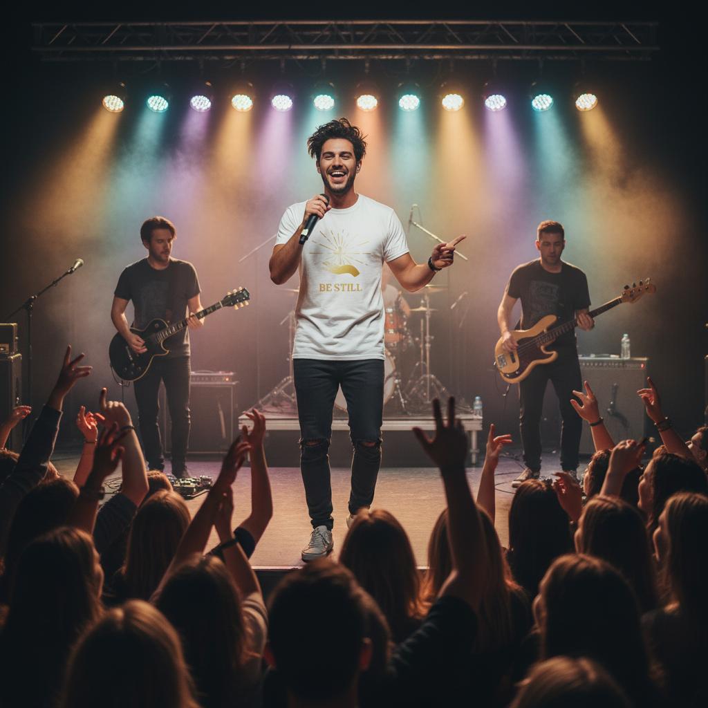 Christian graphic t-shirt featuring the phrase Be Still worn by a singer on stage at a concert