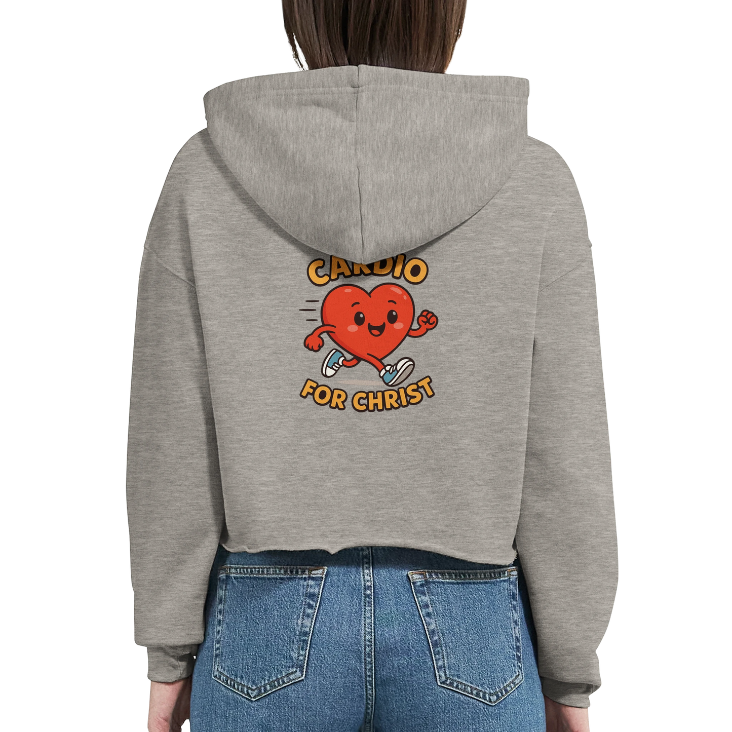 Back view of grey Spirit Wear Christian hoodie for women featuring a cartoon heart running for Christ