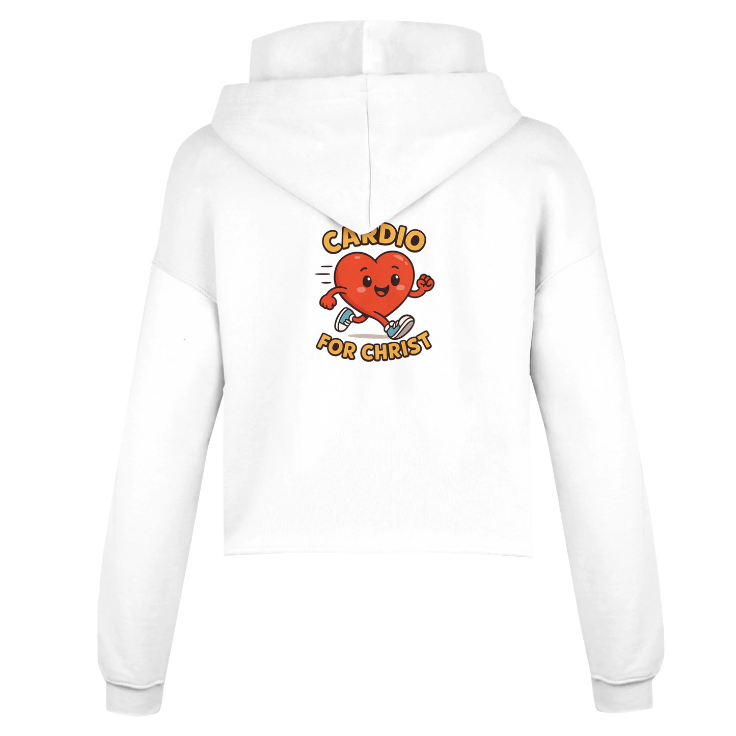 White Christian hoodie for women with playful 'Cardio for Christ' graphic on the back