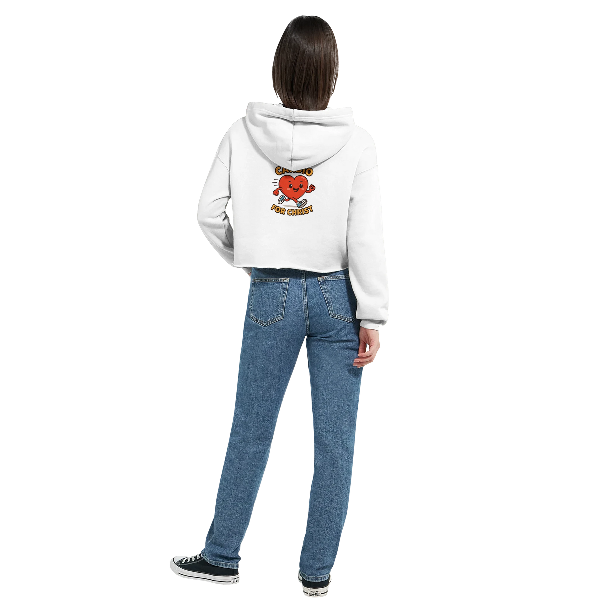 White Christian hoodie for women featuring a heart and crossed sticks design on the back