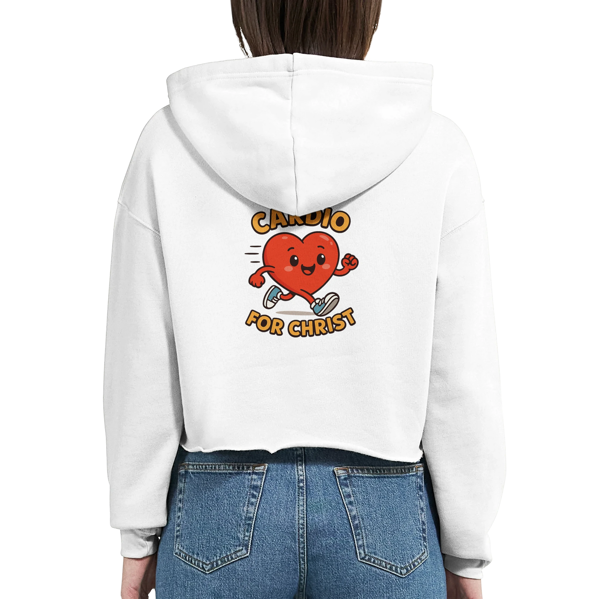 White Christian hoodie for women with fun heart graphic and 'Cardio for Christ' text on back