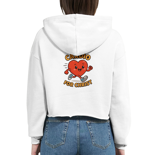 White Christian hoodie for women with fun heart graphic and 'Cardio for Christ' text on back