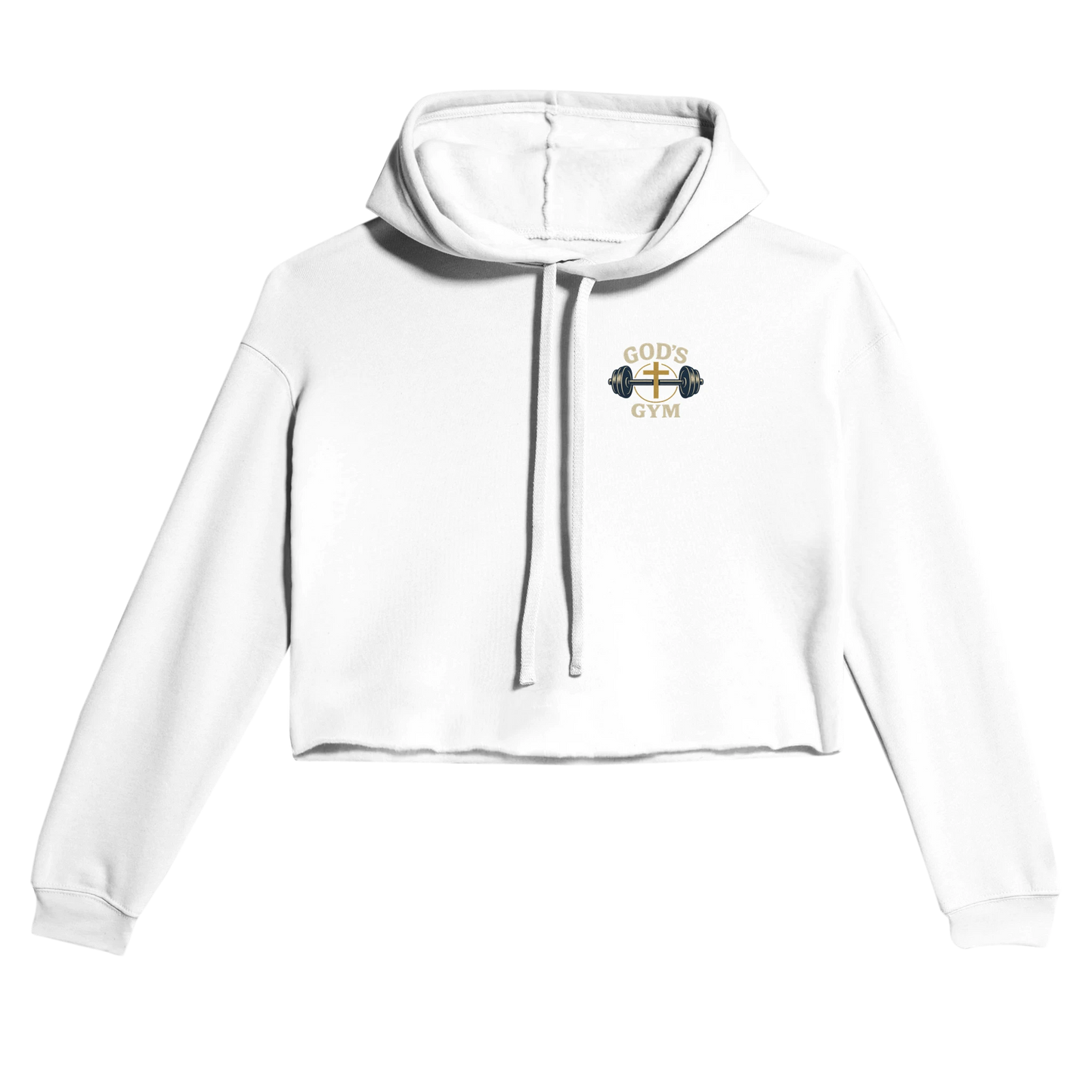 White Christian hoodie for women with God's Gym graphic and cropped design