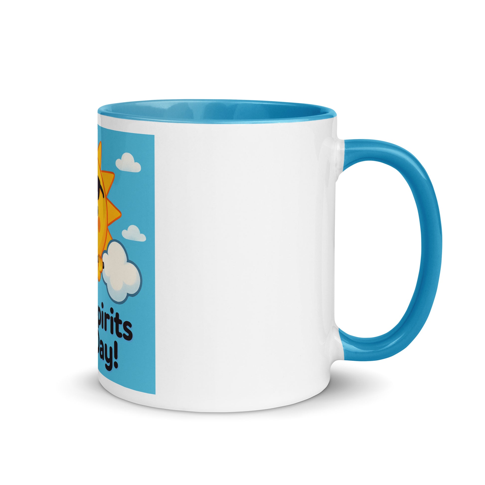 White ceramic Christian inspirational mug with blue handle and interior featuring a sun and clouds design