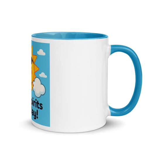 White ceramic Christian inspirational mug with blue handle and interior featuring a sun and clouds design