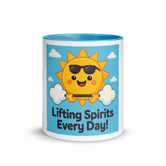 Christian inspirational mug with smiling sun lifting weights and lifting spirits every day text