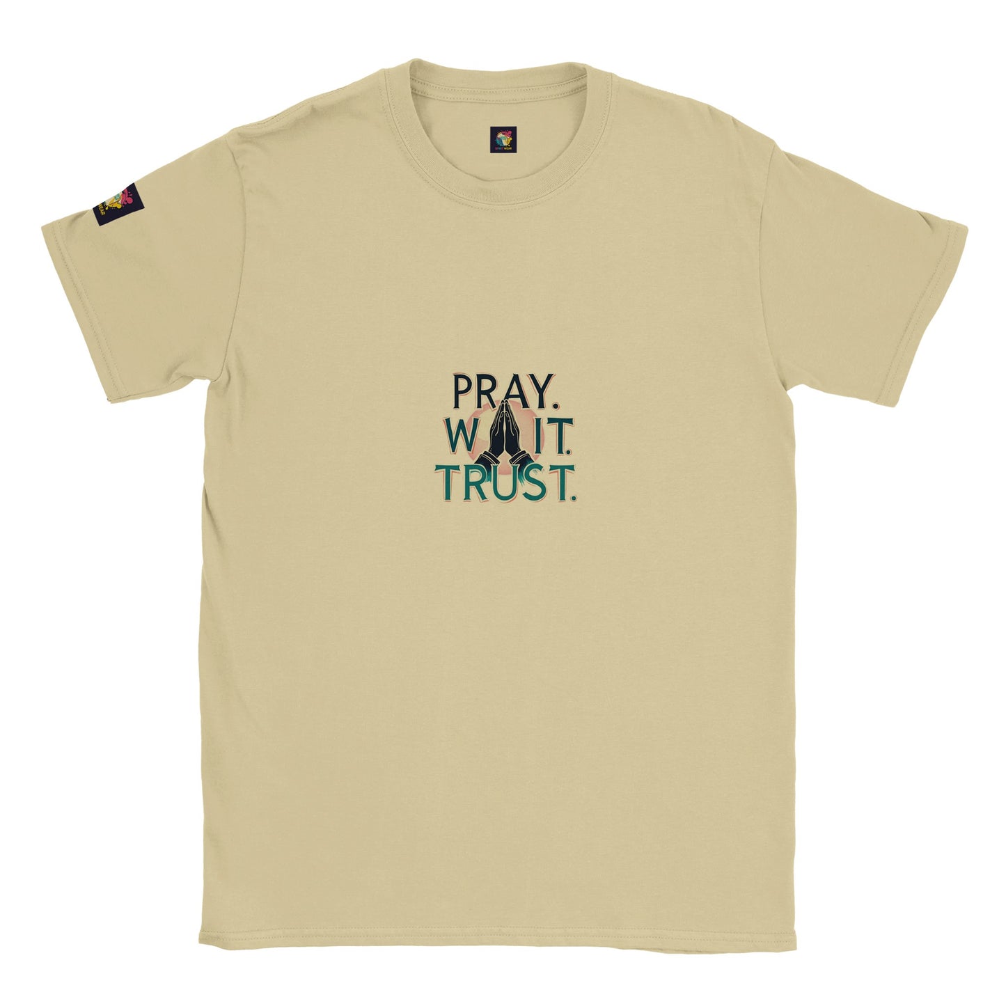 Beige Christian inspirational t-shirt with the text Pray. Wait. Trust. for uplifting casual wear