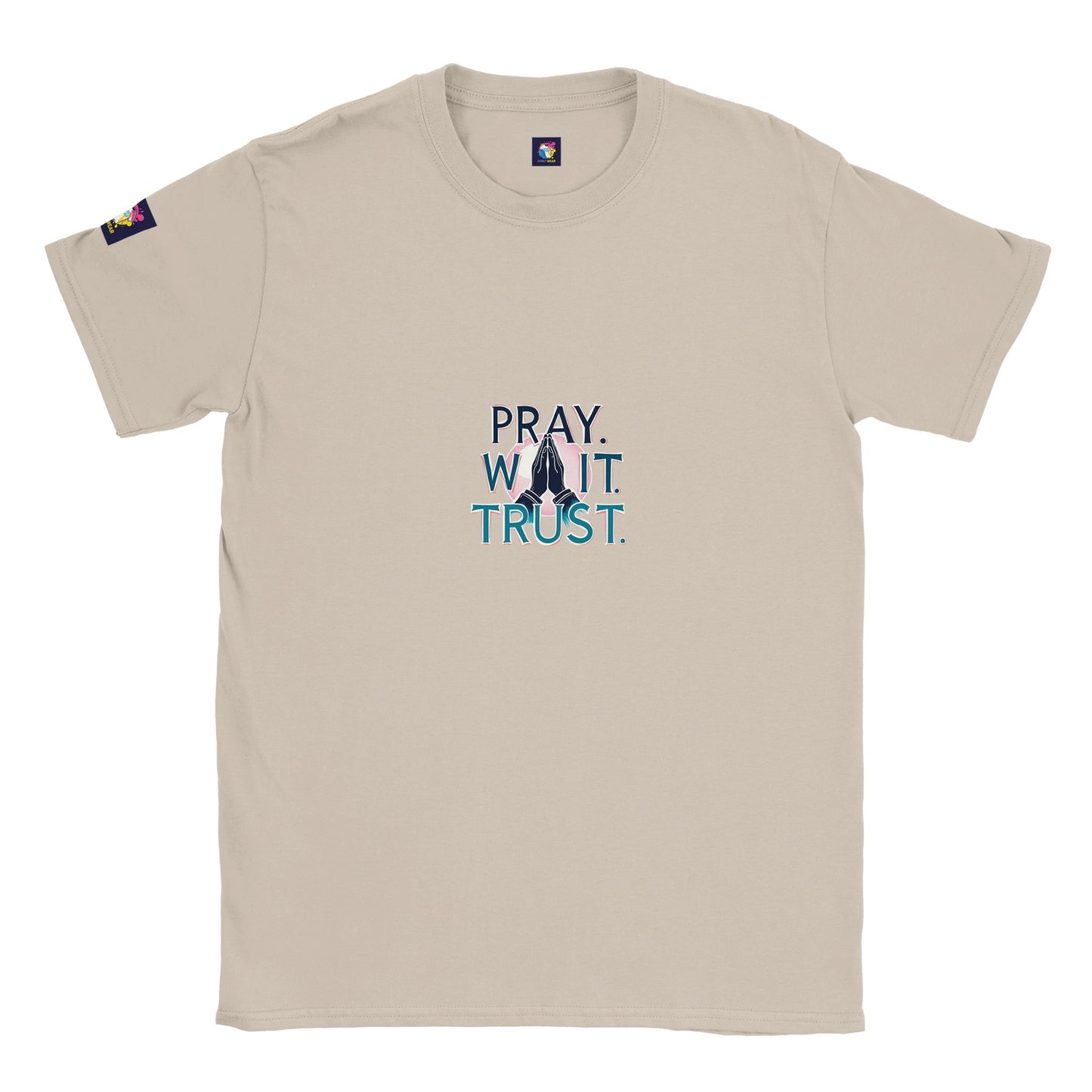 Beige Christian inspirational t-shirt featuring the text Pray. Wait. Trust.