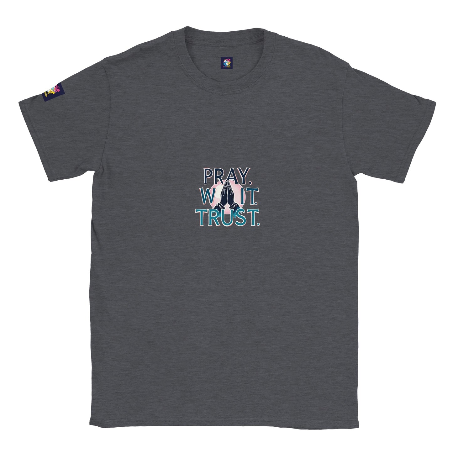 Christian inspirational t-shirt with text 'Pray. Wait. Trust.' in stylish design