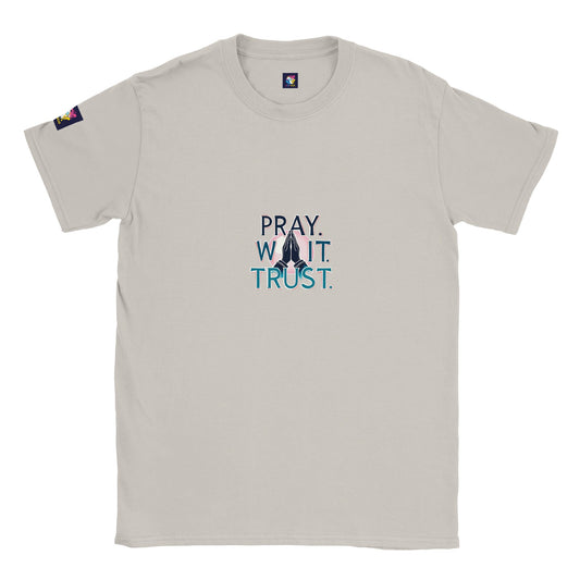Spirit Wear Christian inspirational t-shirt with the message Pray. Wait. Trust. in a stylish design