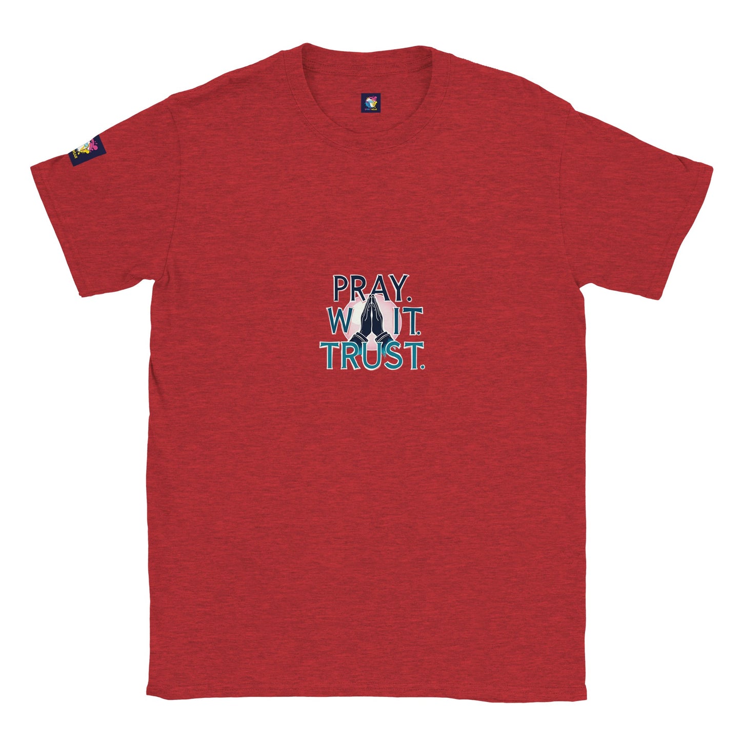 Red Christian inspirational t-shirt featuring the text Pray. Wait. Trust.