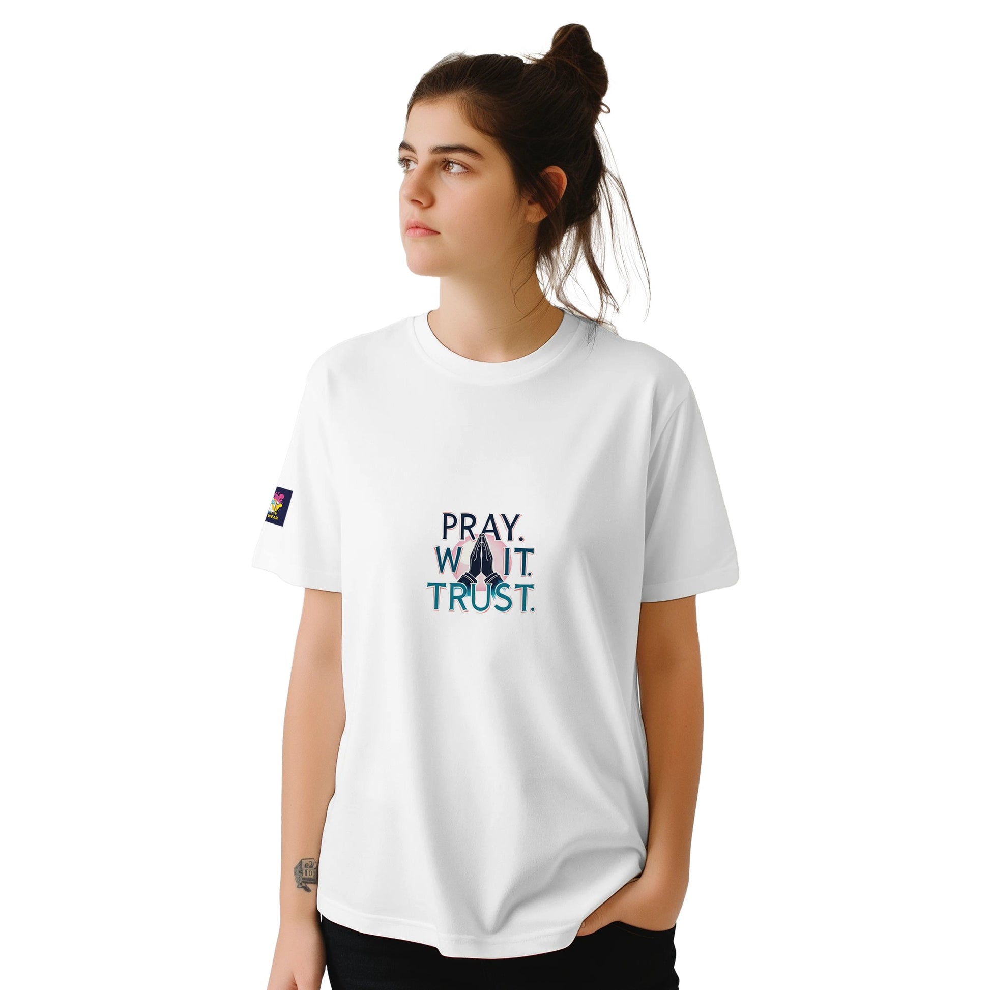 White Christian inspirational t-shirt featuring the text Pray. Wait. Trust.