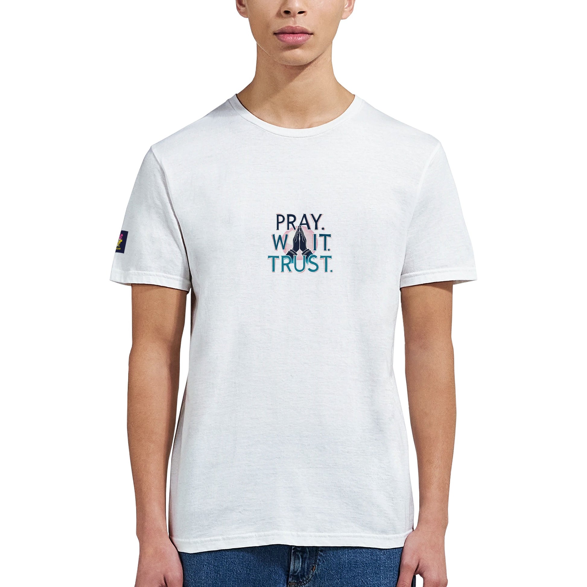 Christian inspirational t-shirt with the text Pray. Wait. Trust. in stylish design