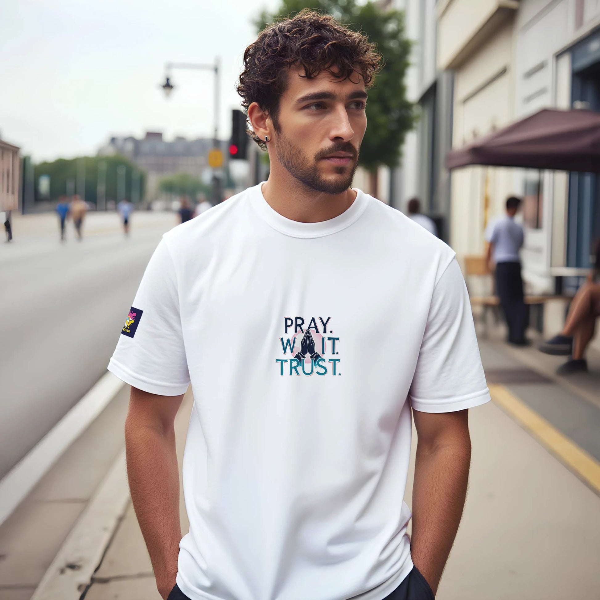 Spirit Wear Christian inspirational t-shirt with 'Pray, Wait, Trust' design in a modern fit
