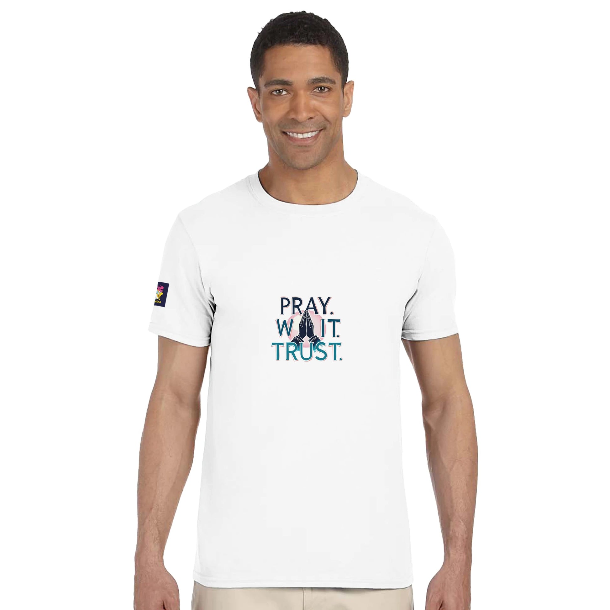 White Christian inspirational t-shirt with 'Pray. Wait. Trust.' design for faith and hope