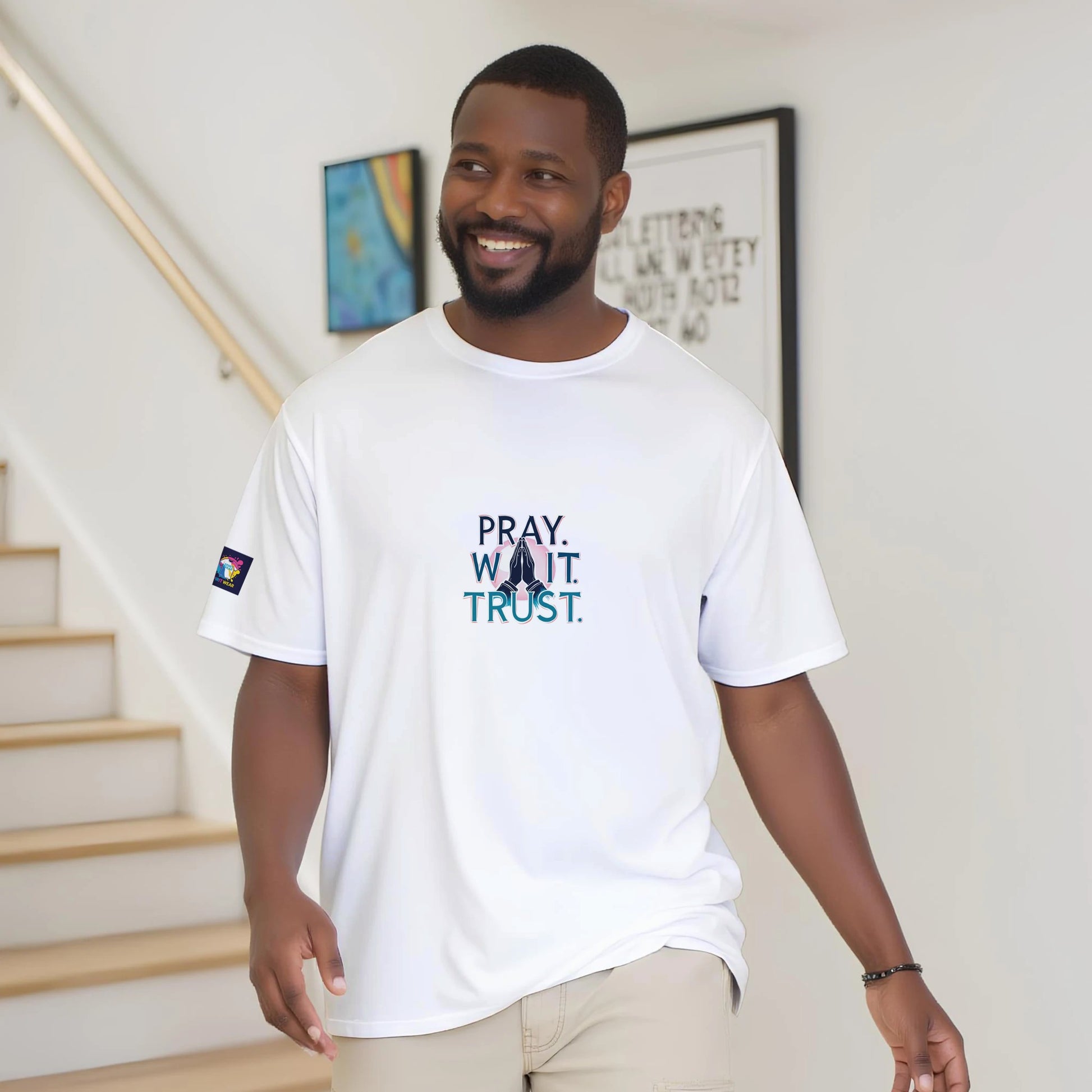 Spirit Wear Christian inspirational t-shirt in white with 'Pray. Wait. Trust.' graphic design