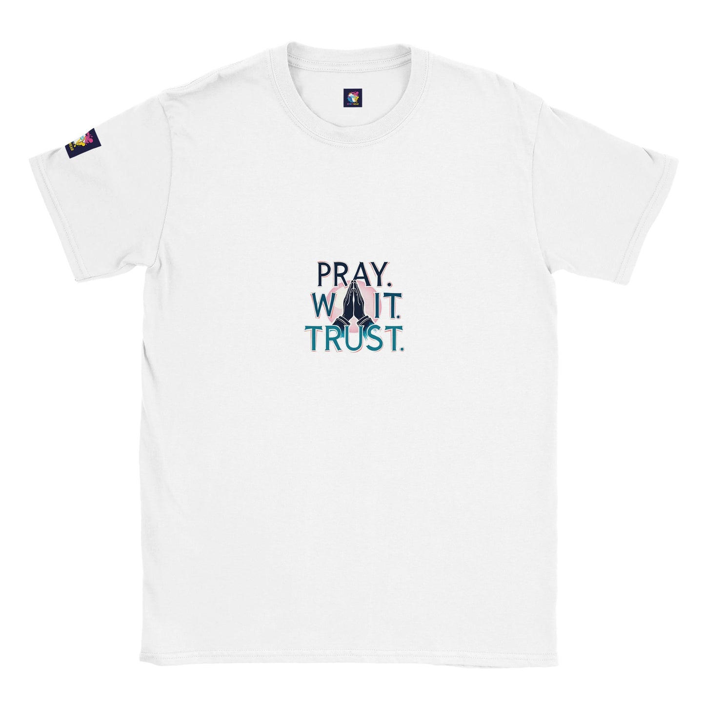 White Christian inspirational t-shirt featuring the text Pray. Wait. Trust.