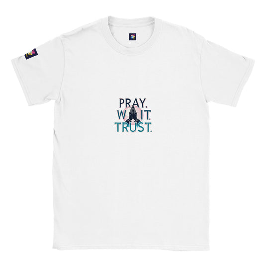 White Christian inspirational t-shirt featuring the text Pray. Wait. Trust.